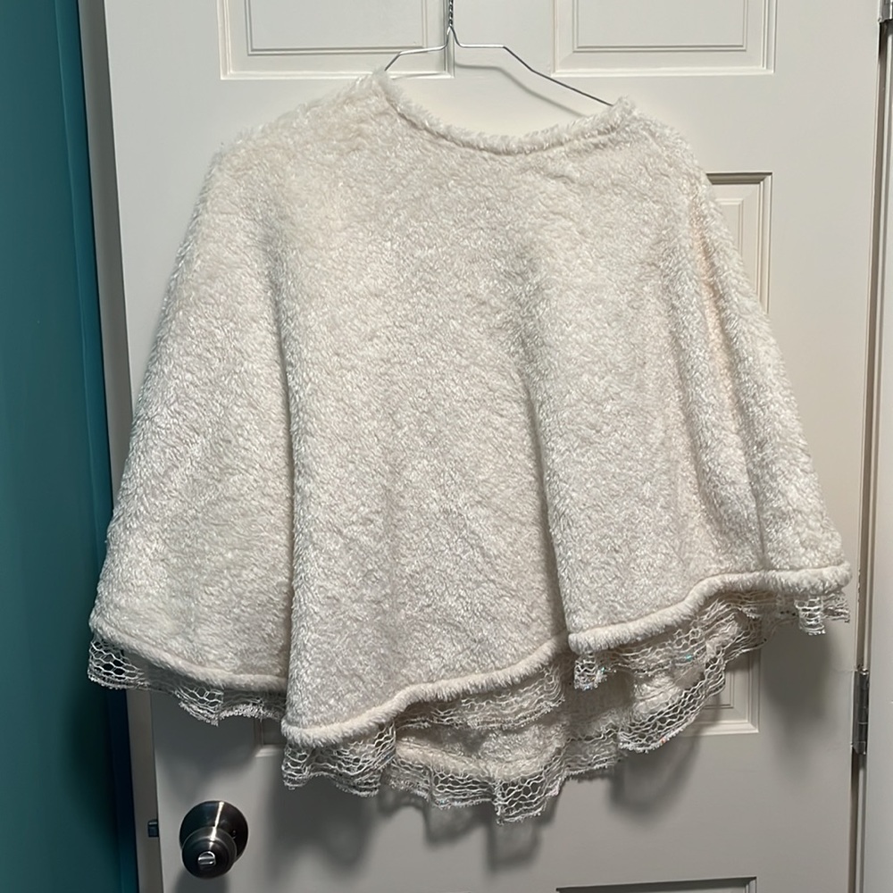Fuzzy White Poncho with Net and Sequin bottom